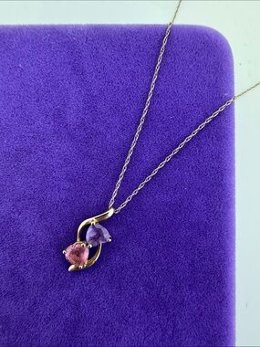 💛 Classic 10k Gold Pink & Purple Heart Gemstone Necklace